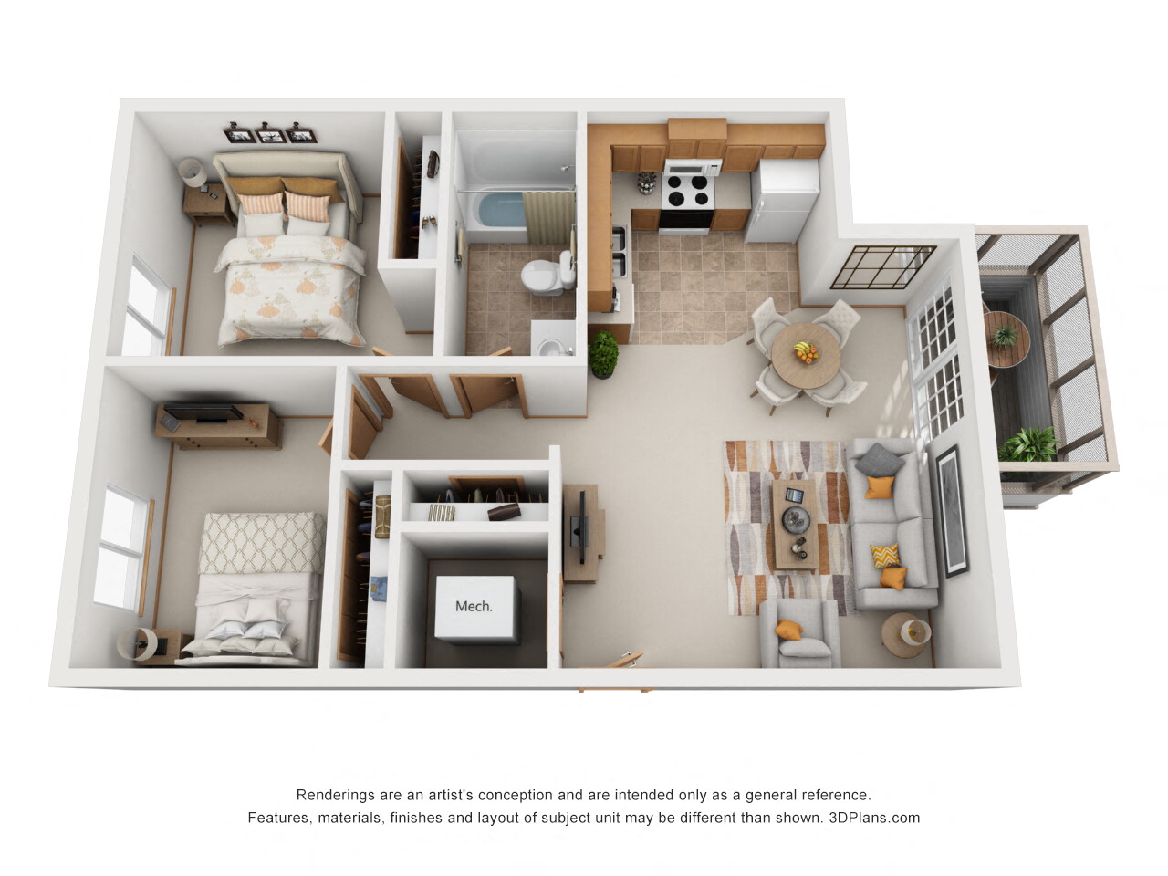 Floor plan for 2 beds, 1 bath, 882 sqft